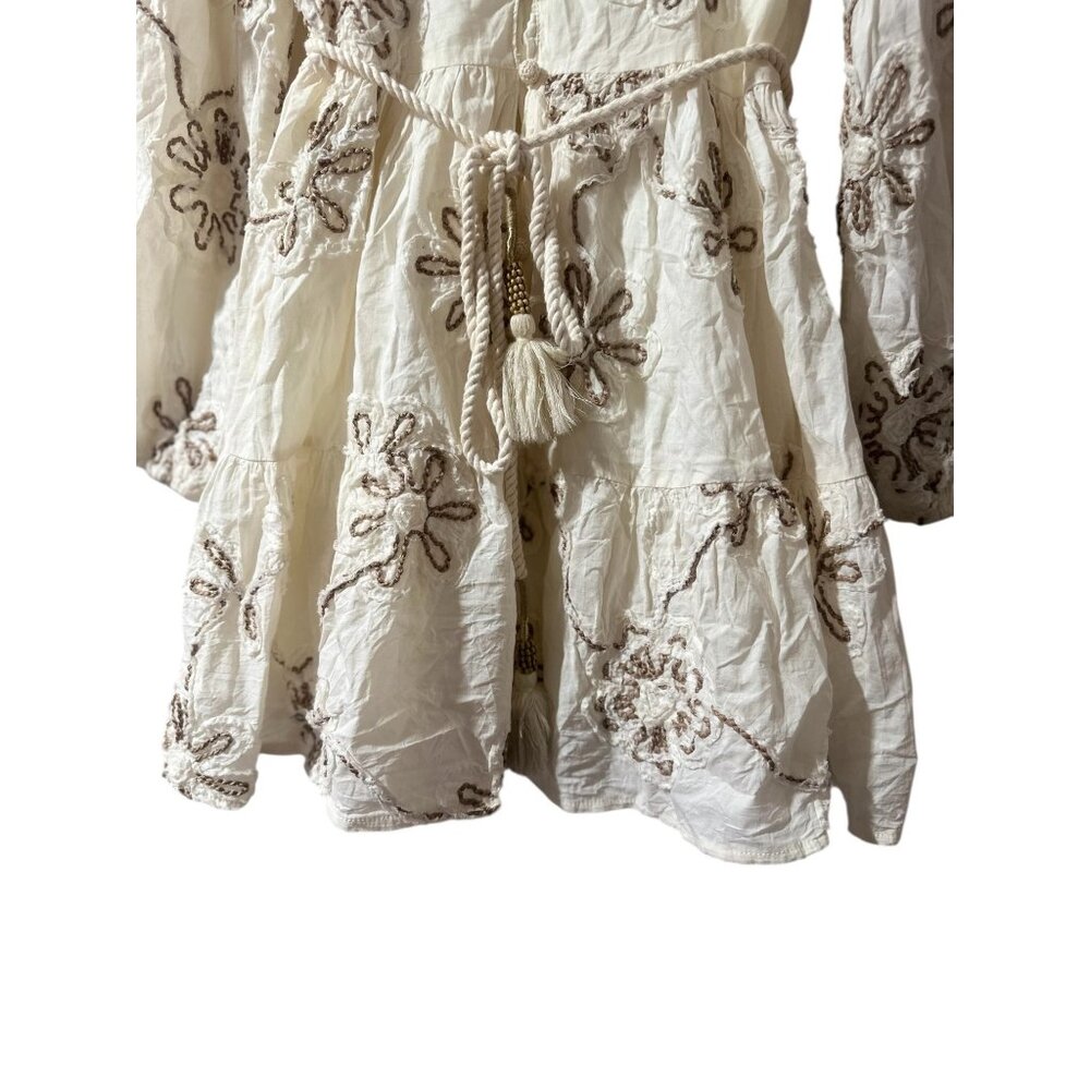 Camellia Embroidered 3D Floral Cottage Mini Dress Women Medium Cream Puff Sleeve - Picture 10 of 16